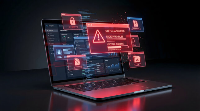 high resolution 3d rendering of a modern laptop showing a critical system lockdown alert with red glowing warning windows for cyber attack and data encryption concepts
