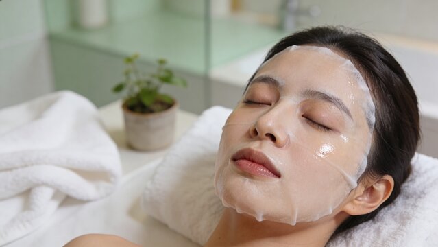 Asian woman with sheet mask relaxing in spa
