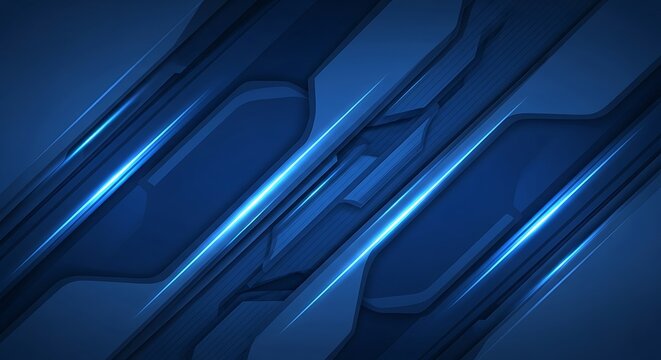 Abstract dark blue background with glowing diagonal lines and modern geometric technical shapes