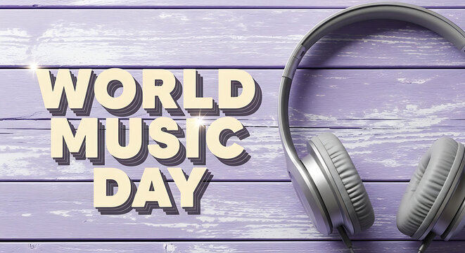 World Music Day celebration with gray headphones on purple wooden background transparent background
