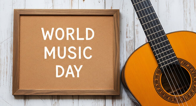 World Music Day celebration with guitar and wooden frame on white wood transparent background