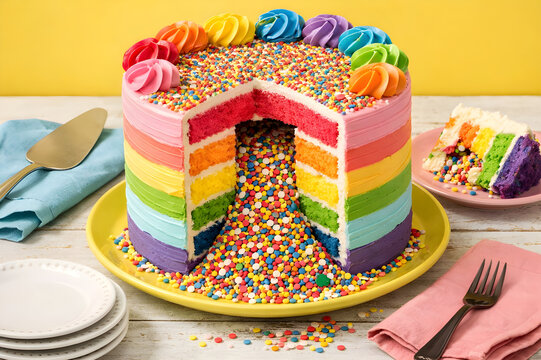 Vibrant rainbow surprise cake with colorful sprinkles spilling from the center, multi-layered sponge, and frosting swirls on a yellow plate.