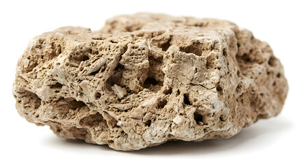 Obraz premium Macro texture of natural porous limestone rock, detailed organic surface of beige coquina stone with sediment layers and small holes, isolated on white background.