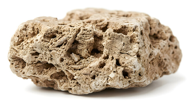 Macro texture of natural porous limestone rock, detailed organic surface of beige coquina stone with sediment layers and small holes, isolated on white background.