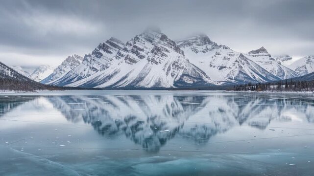 Serene winter landscape with majestic snow covered mountains and perfect icy reflection in calm nature