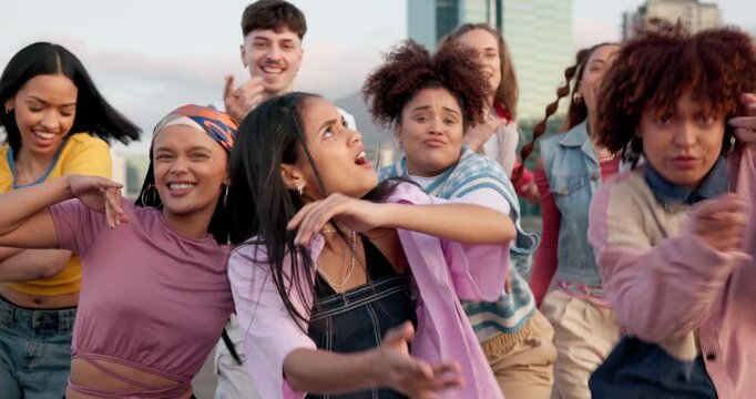 Dancing, group and friends on bridge in city with hip hop routine practicing for flash mob. Happy, freedom and dancers with freestyle, groove or choreography in street with rhythm in urban town.