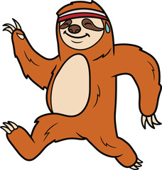 Fototapeta premium Funny cartoon sloth wearing a headband and sweating while running or exercising with joyful expression