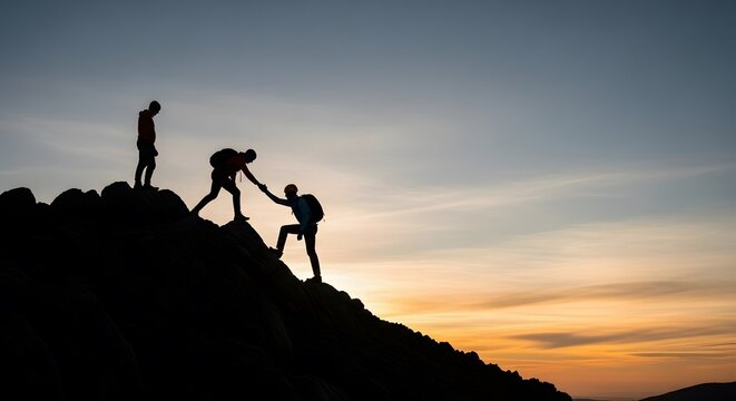 Silhouette of team climbing mountain at sunset. Concept of business teamwork, leadership, and collective success through hard work. Powerful metaphor for corporate achievement