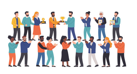 Obraz premium Corporate Recognition and Achievement: Diverse Business Team Celebrating Success, Receiving Awards, Trophies, and Certificates with Applause