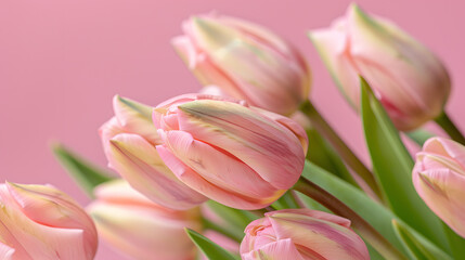Fototapeta premium Pink tulips on pastel background, soft floral composition with elegant petals and romantic spring mood.