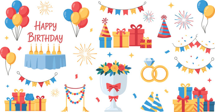 Birthday party decoration set with balloons, gifts, cake and confetti, festive celebration elements collection for holiday event design vector illustration