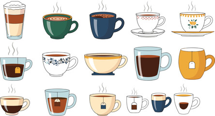 Obraz premium Cozy Hand Drawn Coffee and Tea Icon Set Featuring Decorative Ceramic Mugs Latte Glasses Tea Bags and Espresso Cups for Cafe Menus and Stationery Designs