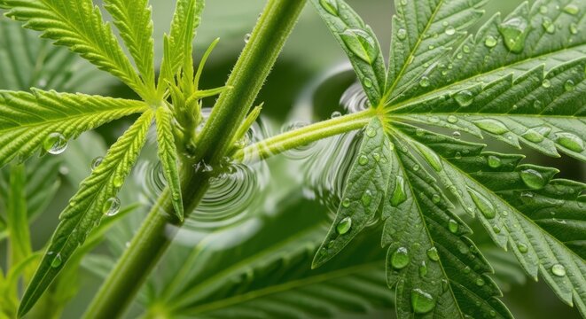 Fresh dew drops on vibrant cannabis leaves after a gentle rainfall