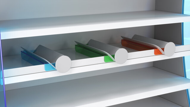 Close-up of empty colored dividers on supermarket shelf and blank shelf talkers. 3d illustration