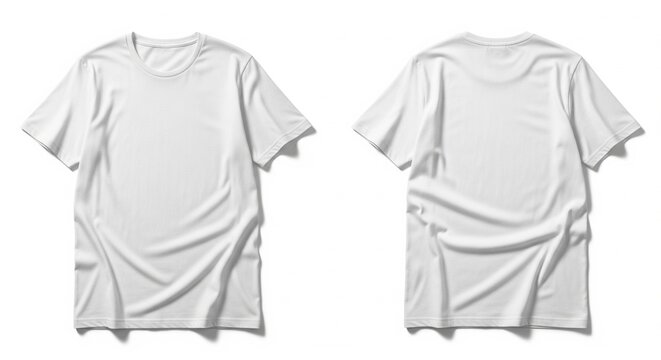 Front and back views of a blank white t-shirt mockup for branding and design template; minimalist fashion apparel with short sleeves