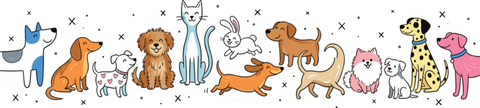Adorable Collection of Hand Drawn Cartoon Domestic Pets Including Dogs Cat and Rabbit for Veterinary and Animal Care Designs