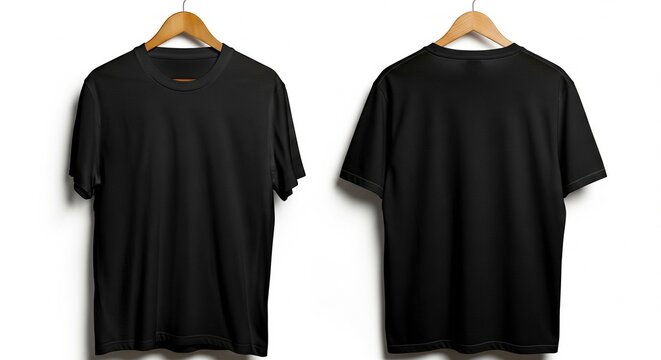 Front and back views of a classic black t-shirt on wooden hangers; simple wardrobe staple for everyday wear with short sleeves and a crew neck