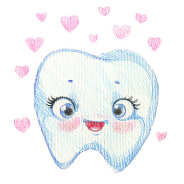 Cute cartoon baby tooth drawn with color pencils isolated on a white background