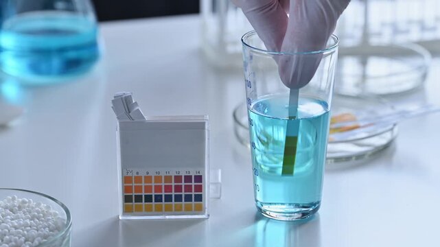 Close-up a scientist in a chemical laboratory takes measurements of the acid-base balance of a liquid.