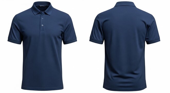 Front and back views of a navy blue polo shirt showcasing its design details and casual style against a clean white backdrop for versatile use