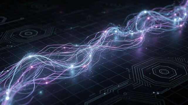 Glowing firefly inspired neural network pathways pulsing with electric energy in dynamic motion