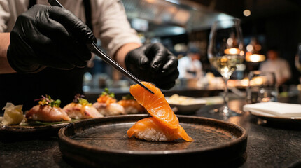 Fototapeta premium Chef preparing salmon sushi nigiri with tweezers on a dark plate in a restaurant kitchen, with wine glass and additional sushi pieces for fine dining food presentation