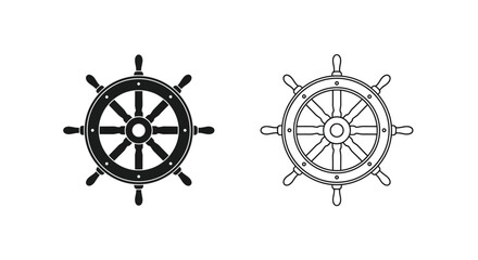 Two black and white illustrations of ship steering wheels are displayed © Momtaj