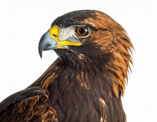 Obraz premium Stunning close-up portrait of a powerful golden eagle, highlighting its regal profile, sharp beak, and intense eye against a bright, isolated backdrop