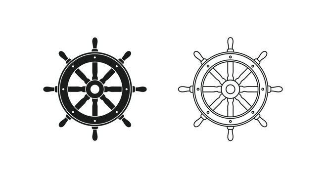 Two black and white illustrations of ship steering wheels are displayed