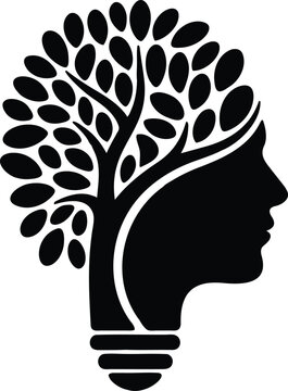 Black silhouette of human head with tree growing out of it  symbolizing growth and nature