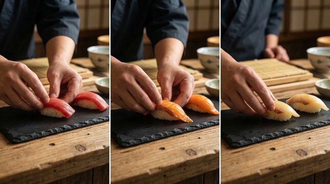 Hands placing nigiri sushi pieces with tuna, salmon, and white fish on black slate serving board over rustic wooden table with small bowls and bamboo sushi rolling mat in background
