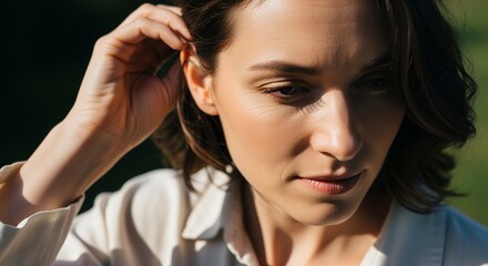 Fototapeta premium Contemplative woman with short hair outdoors in natural light