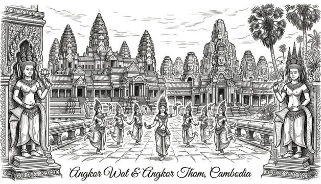 Detailed Engraving Style Illustration of Angkor Wat and Angkor Thom Cambodia Featuring Traditional Apsara Dancers and Ancient Architecture