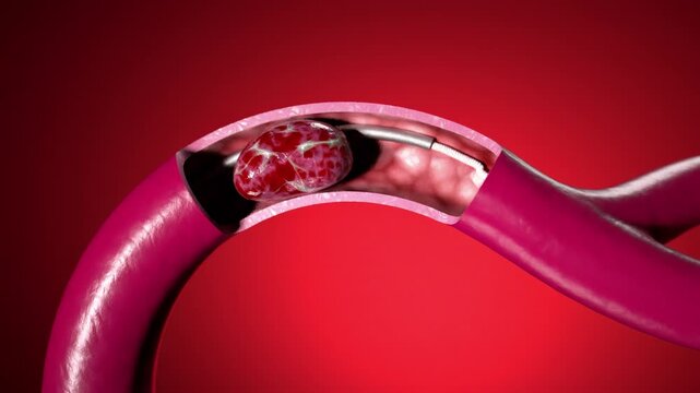 Blood Vessel with Stent and Blood Clot Highlighting Medical Intervention in Cardiovascular Health and Thrombosis in Circulatory System Artery