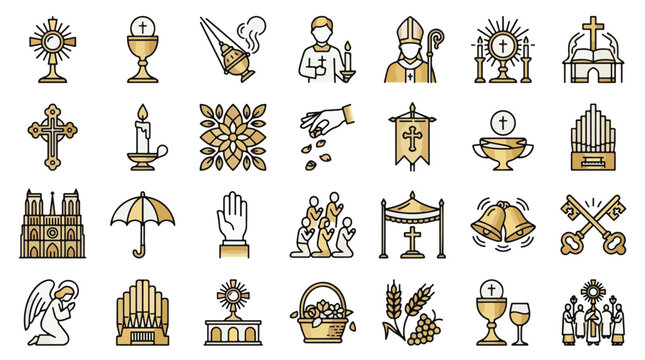 Catholic Liturgy set of icons in linear style. A collection of religious linear icons, including monstrance, chalice, thurible, bishop, cathedral, cross, angel, wheat, and more. Editable stroke.