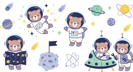 Cute astronaut bears in space set with planets, spaceship, stars and galaxy elements, adorable cartoon animals exploring universe vector illustration collection © MDRahamat