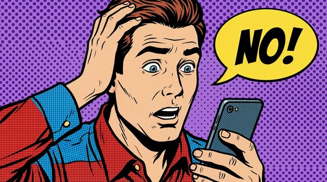retro comic pop art illustration of shocked caucasian man looking at smartphone. yellow speech bubble with word no. purple halftone background. bad news, rejection concept. banner, website header.