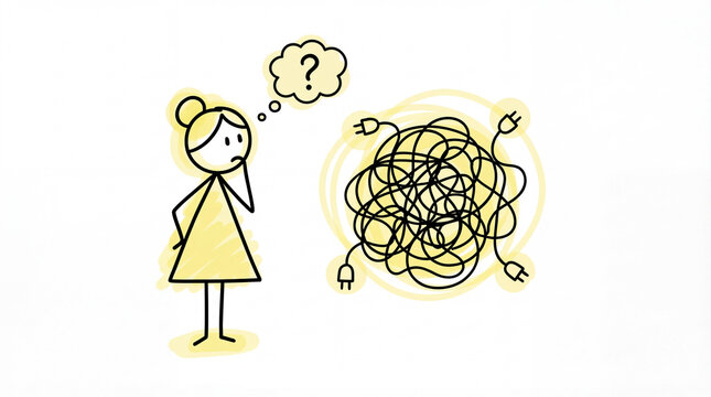 confused woman looking at tangled wires with plugs. question mark in thought bubble. complexity and problem solving concept. banner, website header, copyspace.