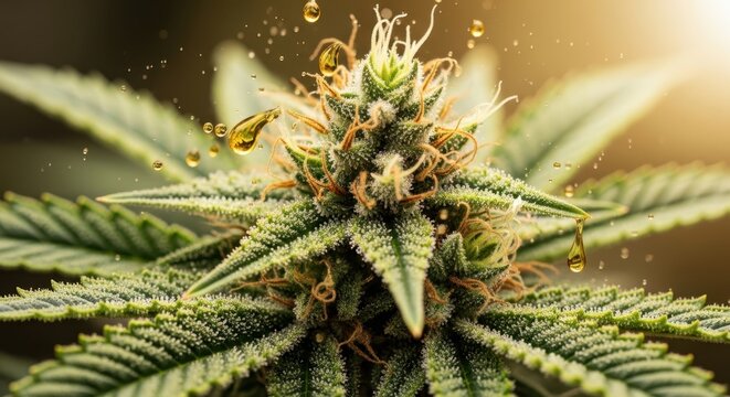 Close-up of a cannabis bud covered in morning dew droplets under sunlight.