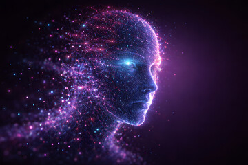Obraz premium Digital human face profile glowing with purple and blue particles