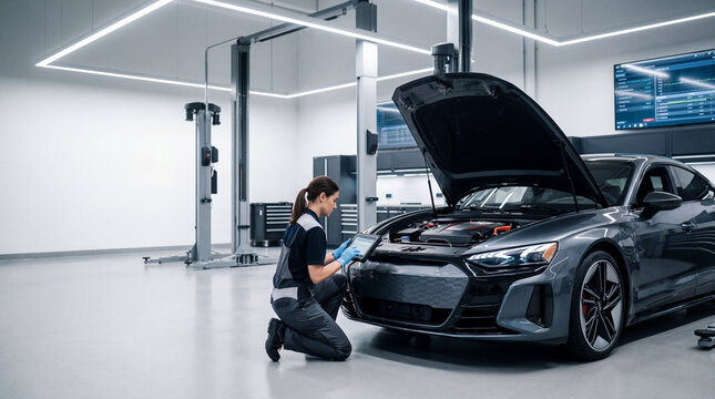 caucasian female mechanic using tablet to diagnose electric car with open hood in modern auto repair shop. vehicle maintenance service concept. banner, website header with copyspace.