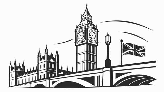 A black and white vector illustration of Big Ben and the Houses of Parliament in London
