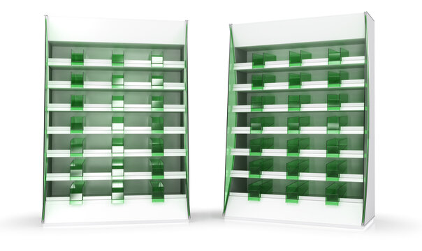 Retail shelving with empty green clear display organizer boxes and blank shelf talkers. 3d illustration on white background