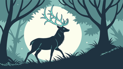 Fototapeta na wymiar Stag with large antlers standing in forest under full moon