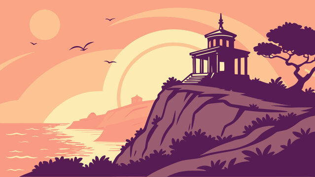 Stylized illustration of a temple on a cliff overlooking the ocean at sunset with birds flying overhead freely