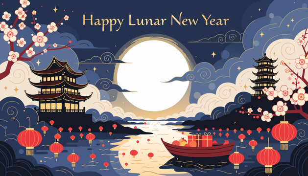 Lunar New Year celebration with traditional pagodas and lanterns