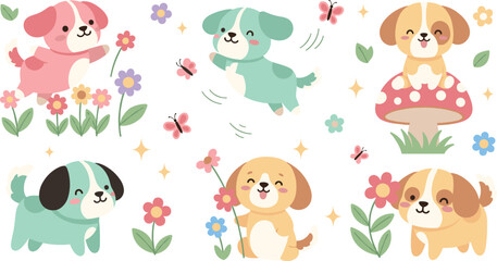 Fototapeta premium Cute cartoon puppies with flowers vector set, adorable dogs in garden, playful pet characters, spring nature illustration collection