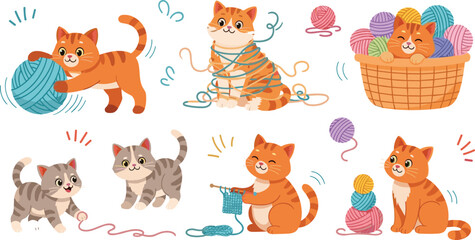 Cute cats playing with yarn set, cartoon kittens with knitting balls and basket, adorable pet characters for cozy home and hobby vector illustration © MDRahamat