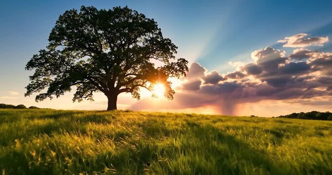 Solitary tree on grassy hill at golden sunset with sun rays