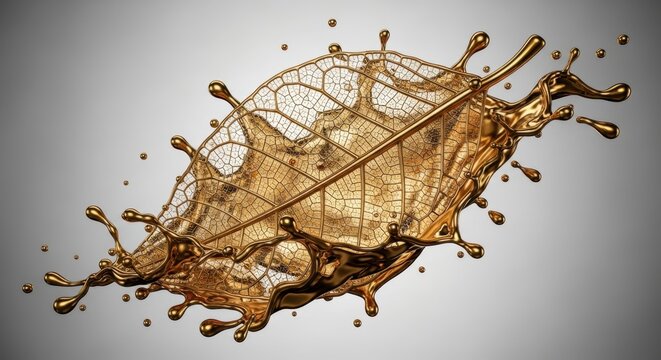 Golden liquid transforming into a delicate, intricate leaf structure with splashing effects